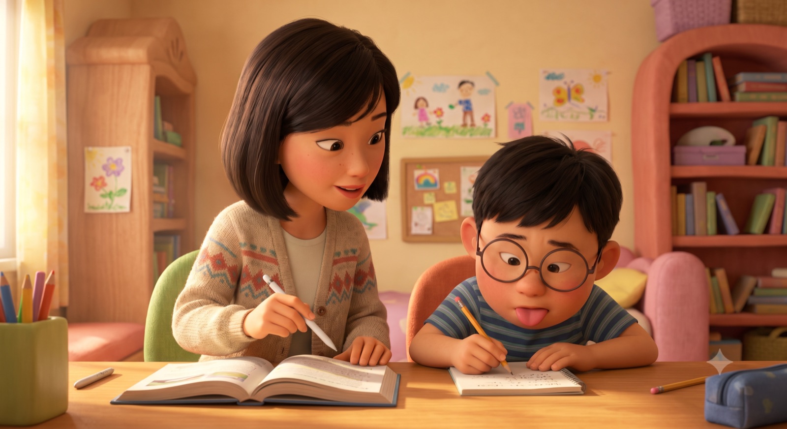 Một gia sư đang hướng dẫn một em nhỏ làm bài tại bàn học